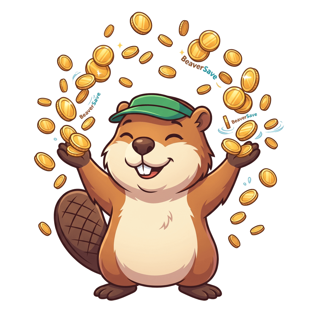 The BeaverSave beaver celebrating as coins rain down